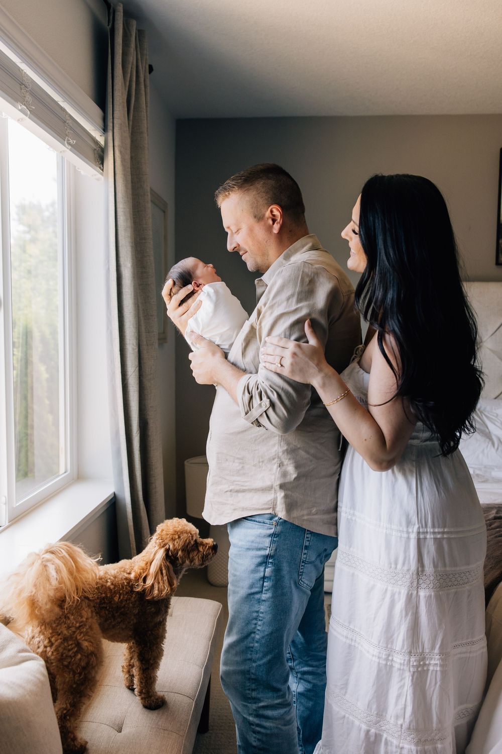 A couple smiles at their newborn baby by a window while a golden doodle dog watches nearby.