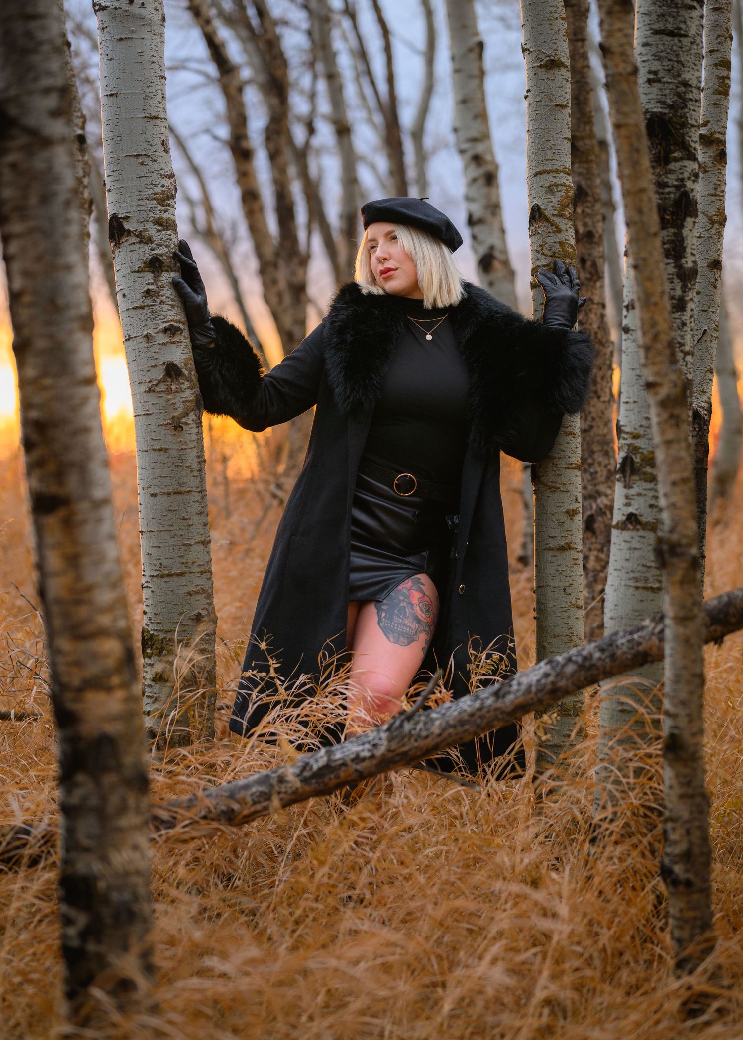 A figure in a black coat and beret stands among silver birch trees at sunset with dried grass at their feet.