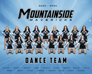 Mountainside dance team wearing matching black and white uniforms poses in a jumping formation for their 2023-2024 team photo.
