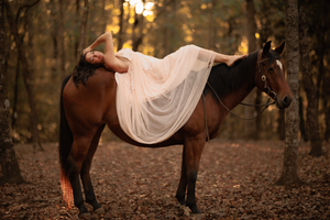 A figure in a flowing white dress reclines gracefully across a brown horse in an autumn forest at sunset.
