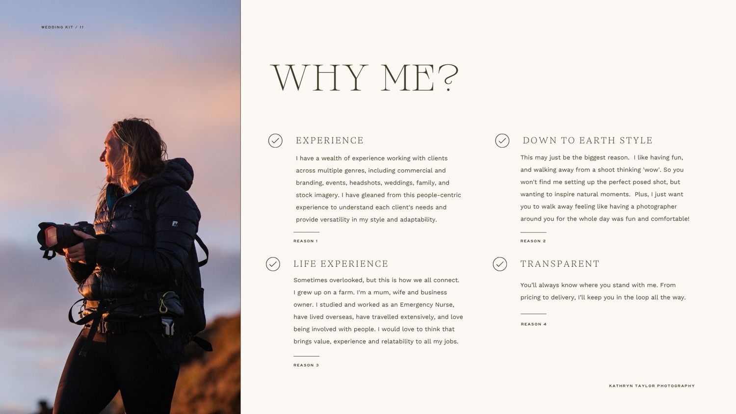 Professional brochure page layout with Why Me section showing experience and services details.