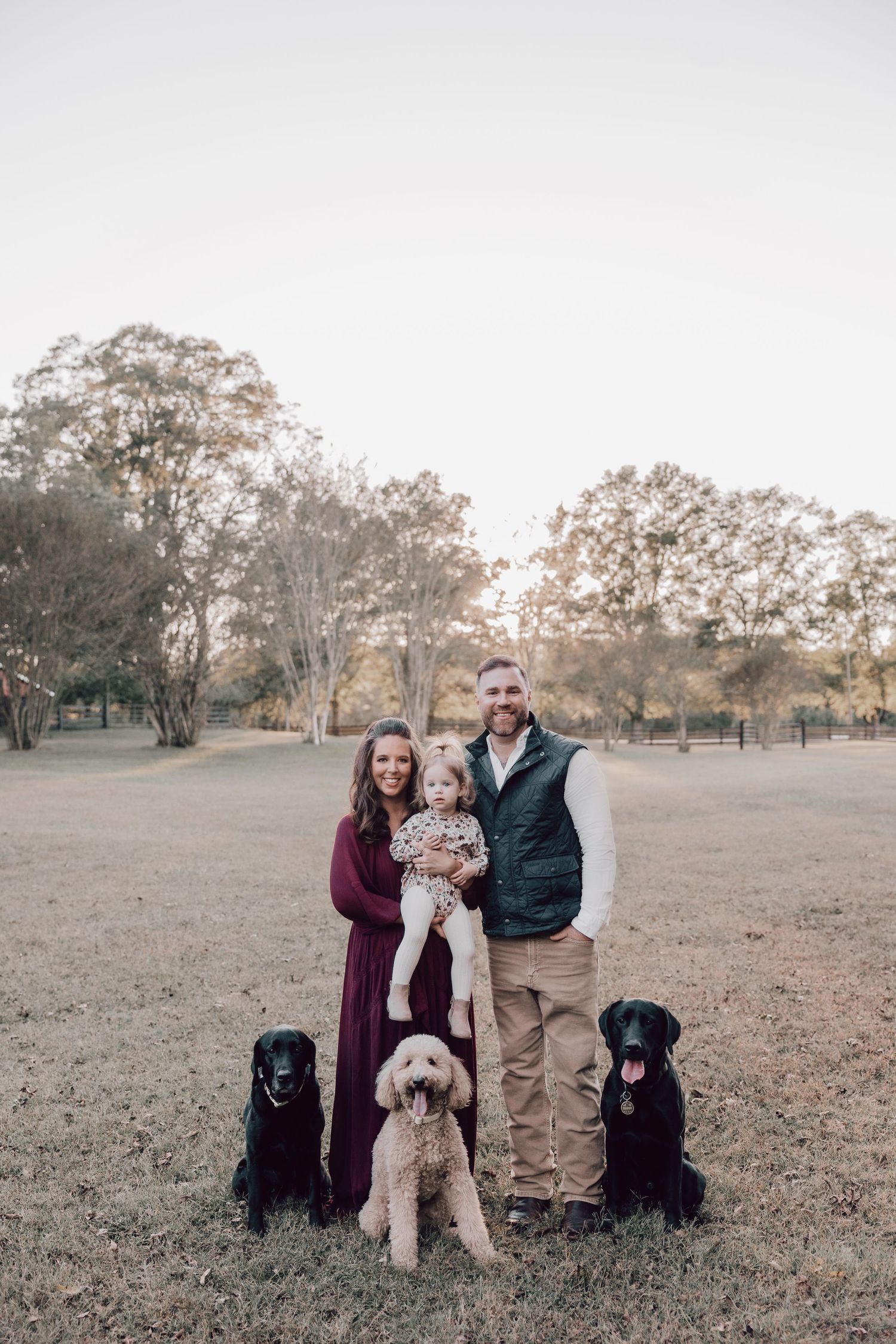 A family poses together with their black Labrador dogs in an autumn field at sunset.