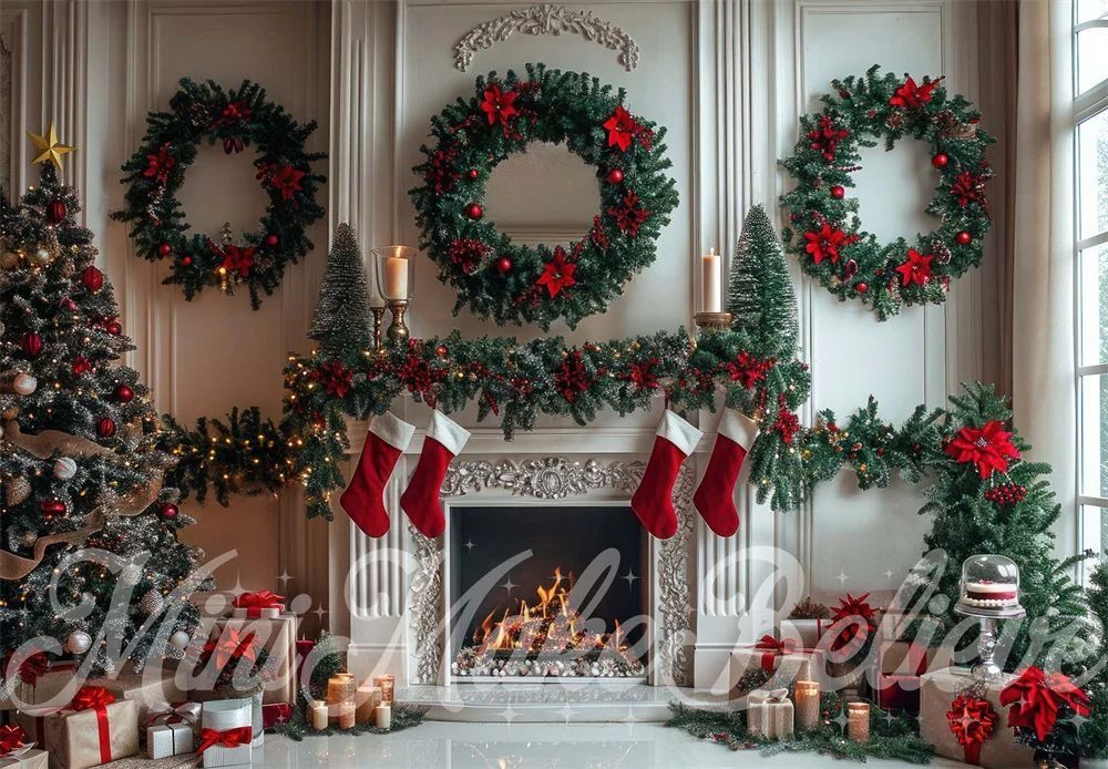 Elegant Christmas fireplace with wreaths, stockings, and wrapped presents.