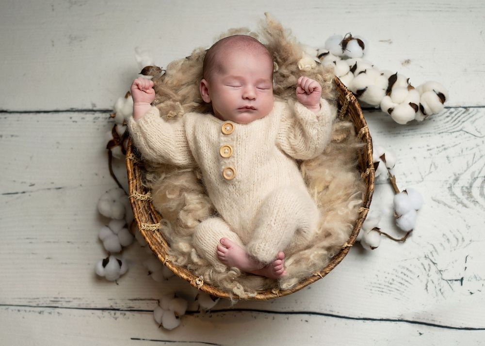 A sleeping baby lies in a rustic basket surrounded by cotton bolls on a whitewashed wooden floor.