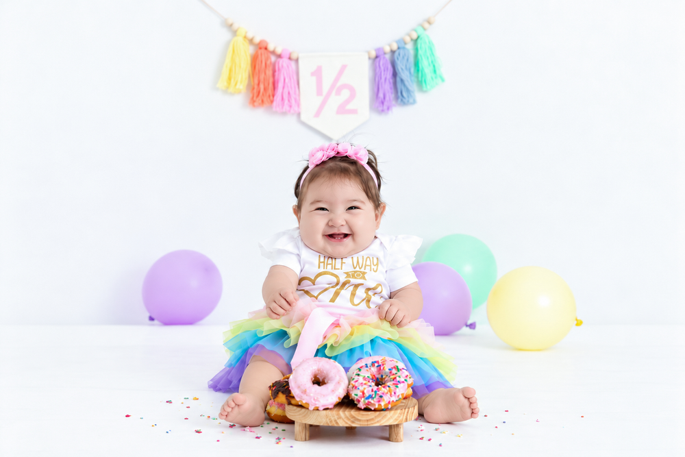 Baby girl in rainbow tutu smiles at half birthday party with donuts, balloons, and a 1/2 banner.