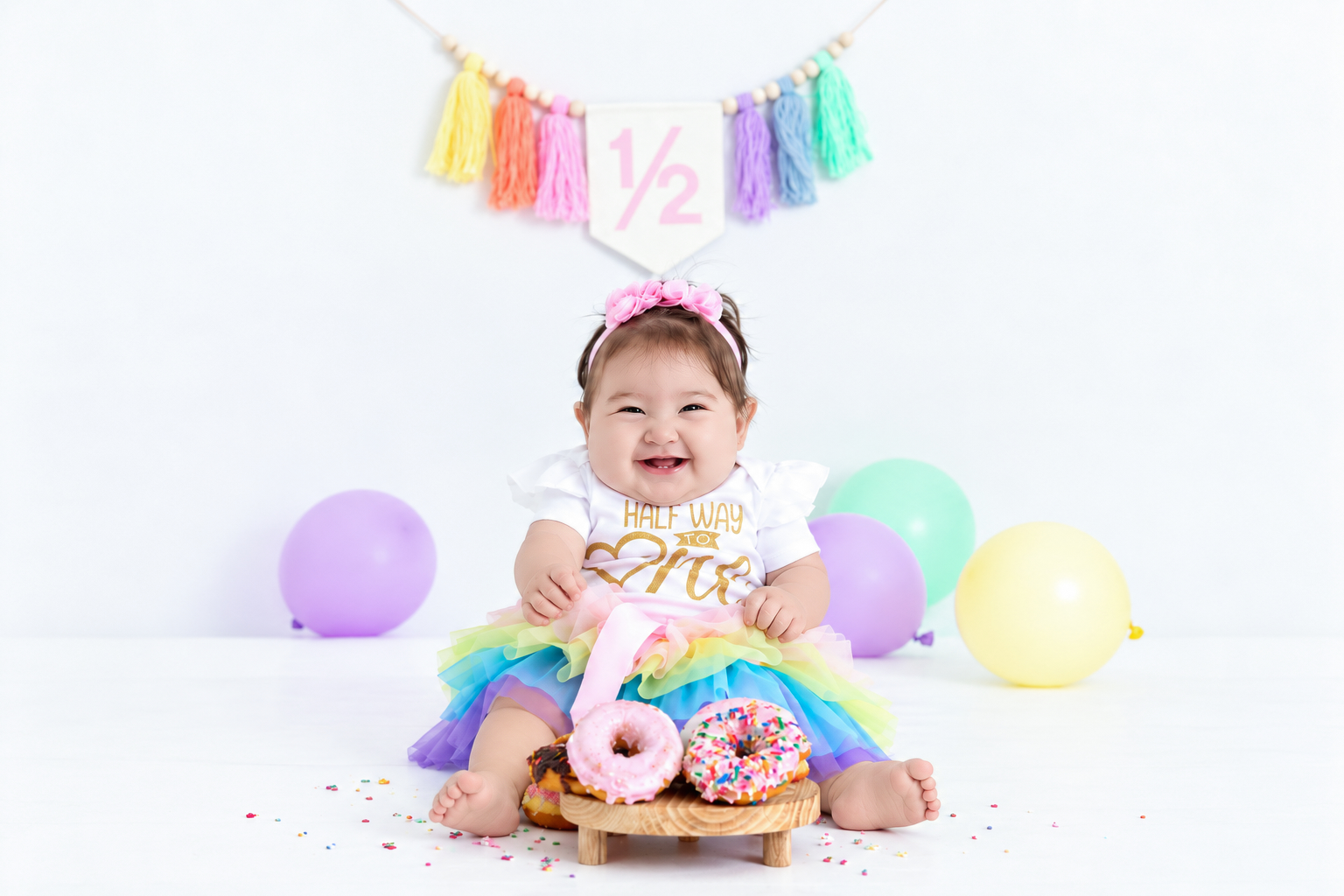 Baby girl in rainbow tutu smiles at half birthday party with donuts, balloons, and a 1/2 banner.