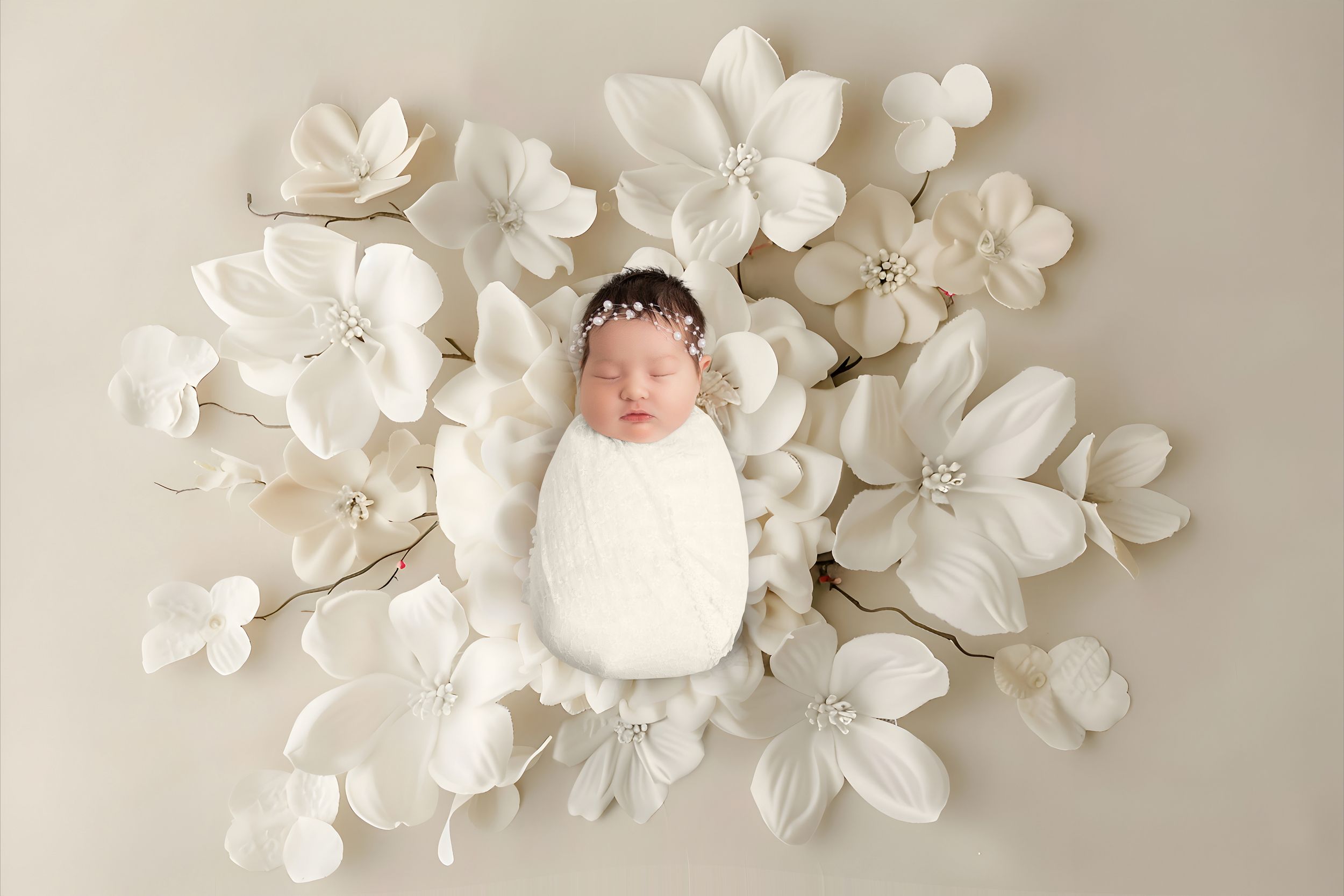 Newborn baby swaddled in white wrap surrounded by elegant white flowers in a serene studio portrait.