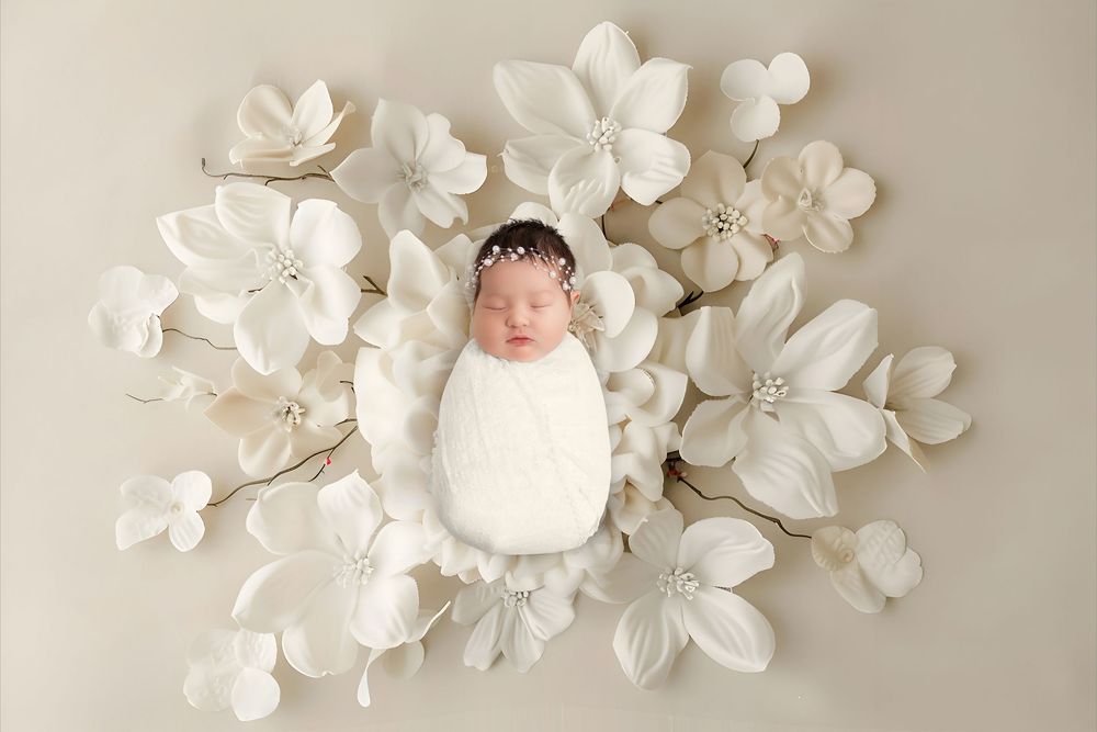 Newborn baby swaddled in white wrap surrounded by elegant white flowers in a serene studio portrait.