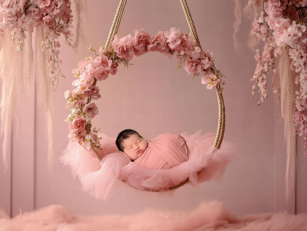 Newborn baby sleeping peacefully in a pink floral hoop swing decorated with roses in a dreamy pink studio setting.