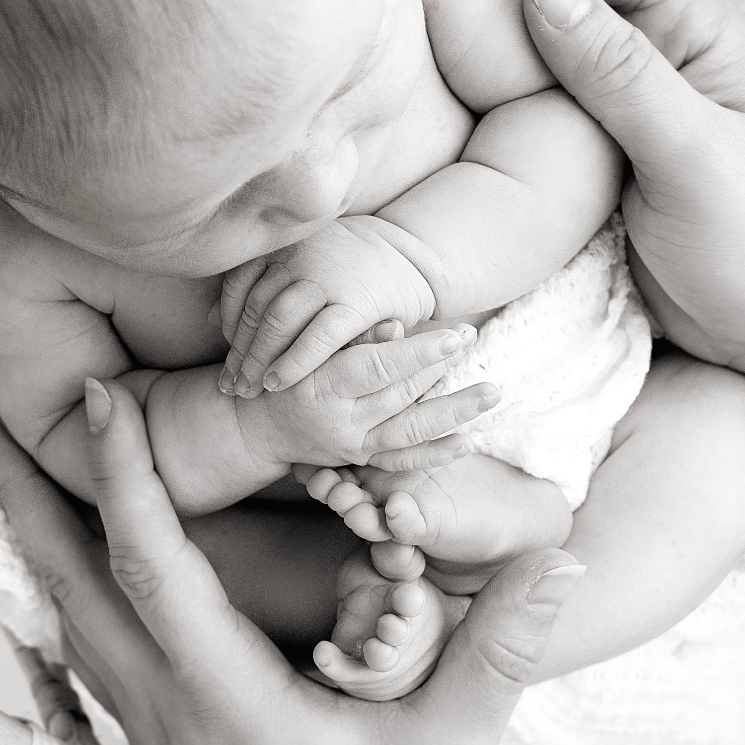 close up view of mamas hands holding baby's hands and feet all tucked in