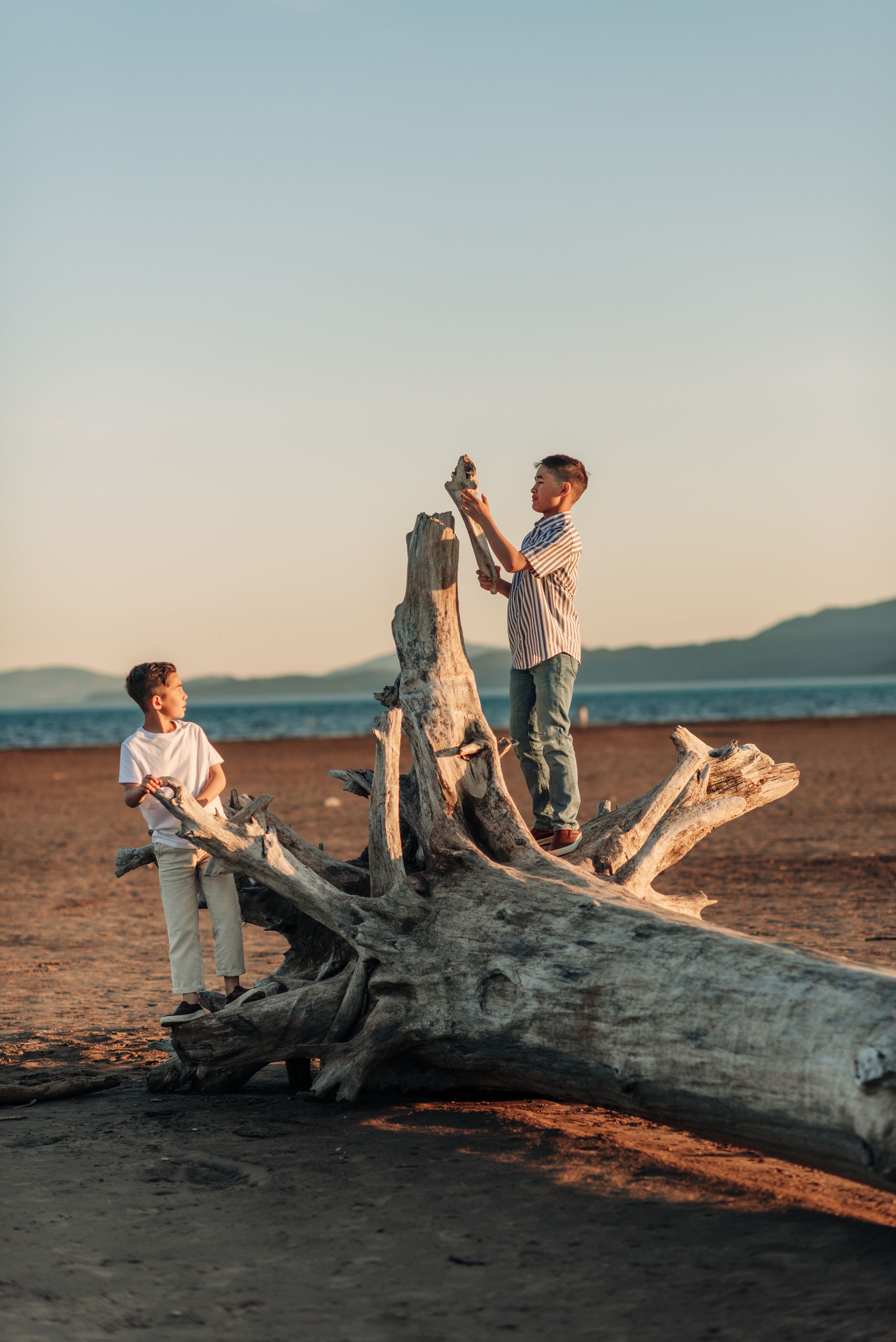 Two children playing on driftwood at beach during sunset.