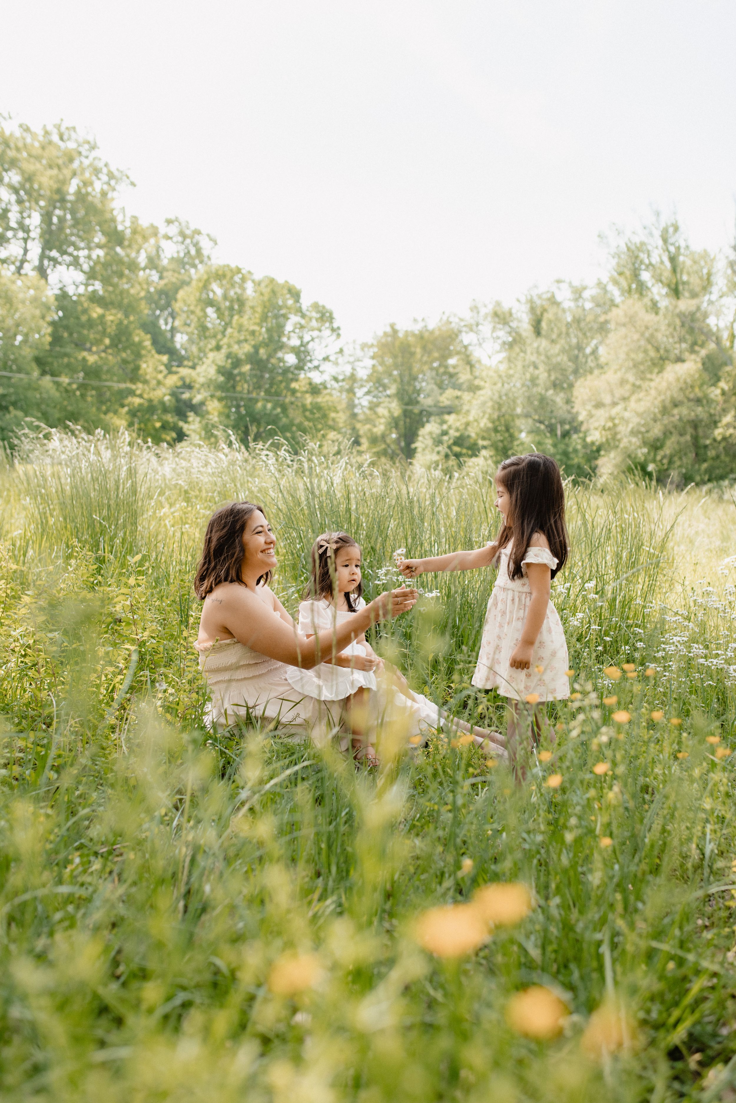 Playful moment captured in a wildflower meadow on a summer day.