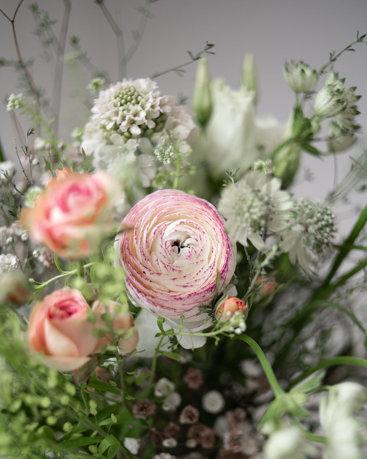 Delicate floral arrangement featuring pink ranunculus flowers and white blooms with greenery.