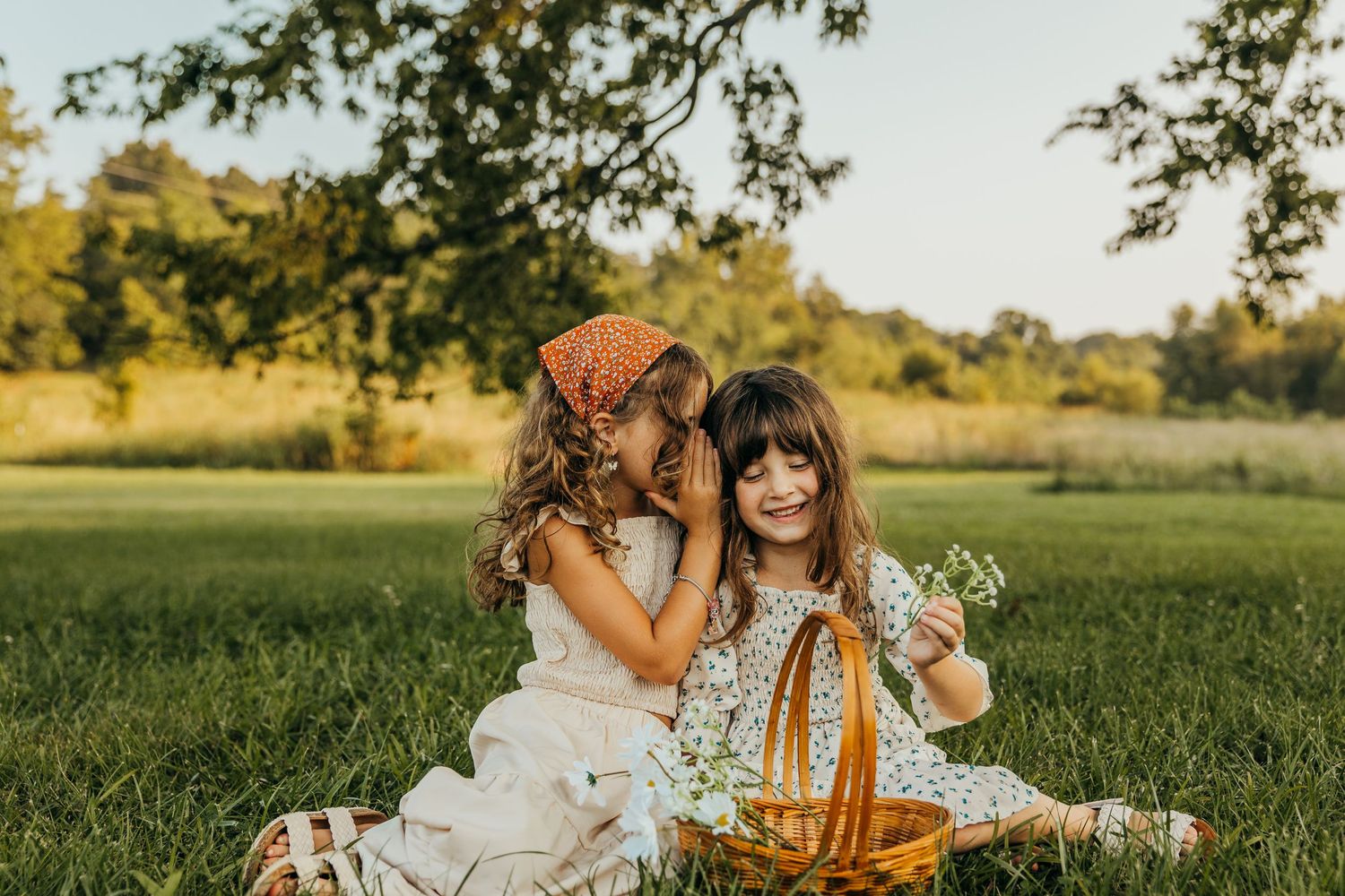 Two people sitting on grass with a picnic basket in a sunny field in rockford IL