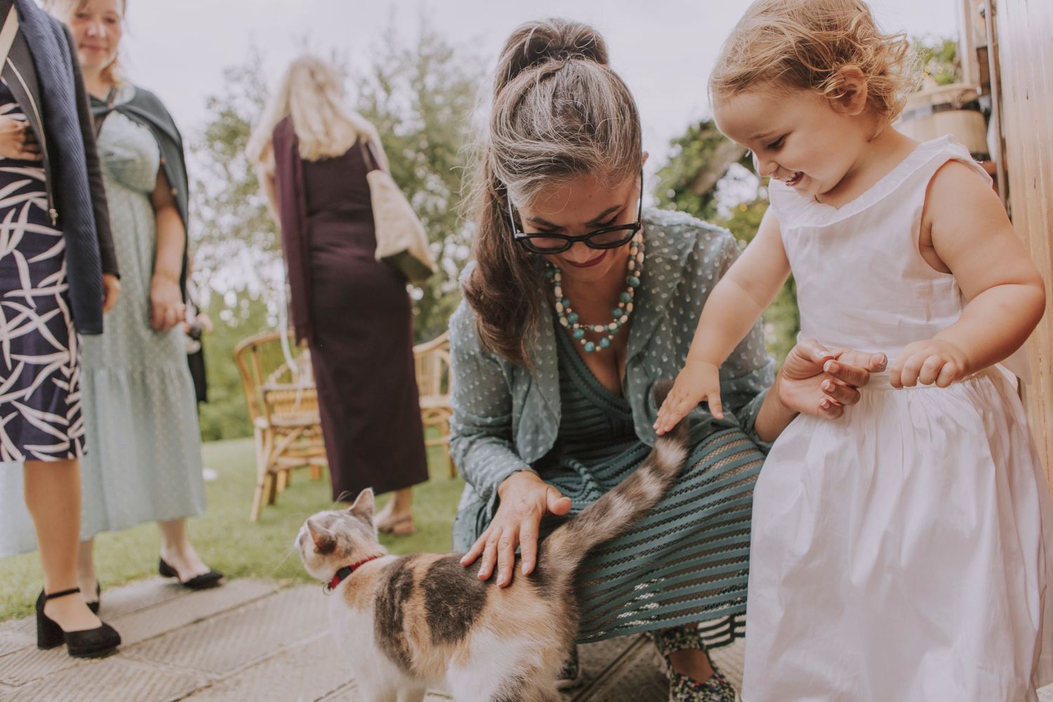 Wedding guests interact with a small child and pet at an outdoor gathering.