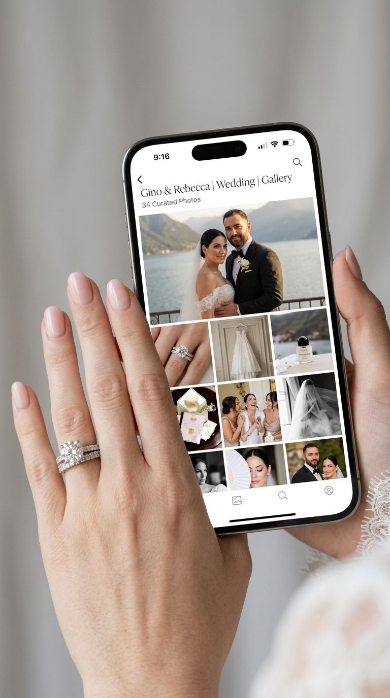 A hand wearing an engagement ring is shown against black fabric with pink flowers in soft focus.