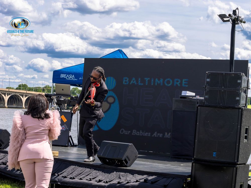 A collage of concert stage setups and outdoor performance venues with speakers and equipment under cloudy skies.