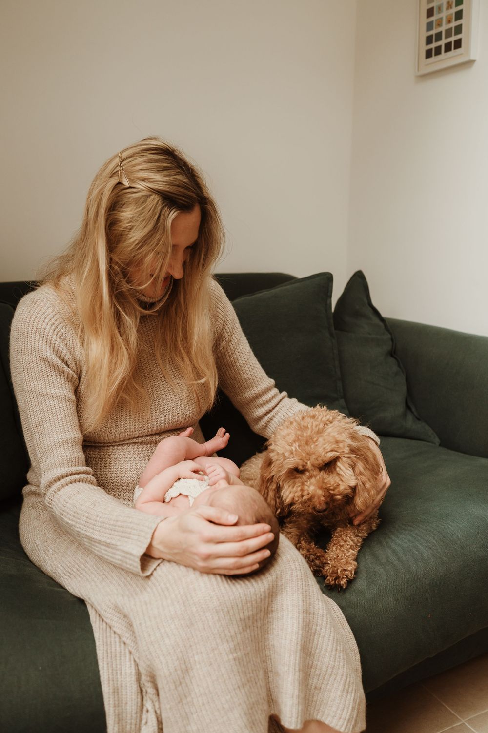 A person in a beige sweater sits on a green couch with a goldendoodle dog and infant.