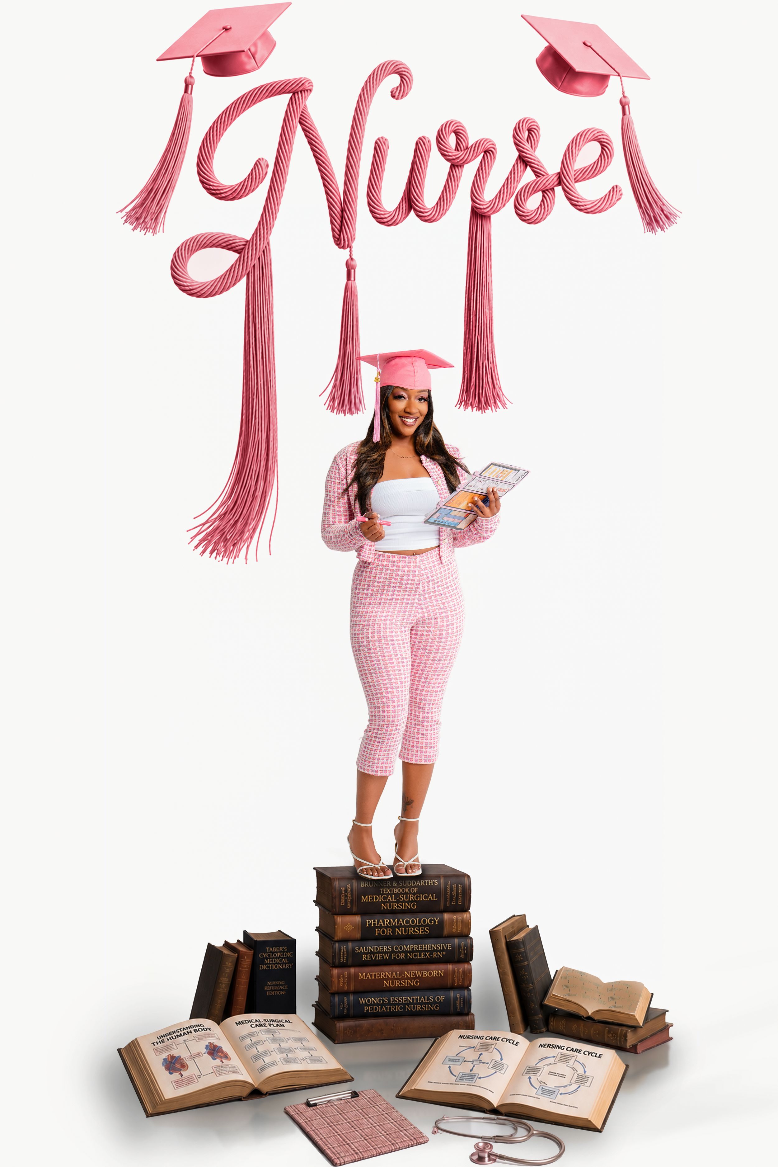 Woman in pink graduation cap stands on stacked books holding diploma under decorative Nurse balloon letters.