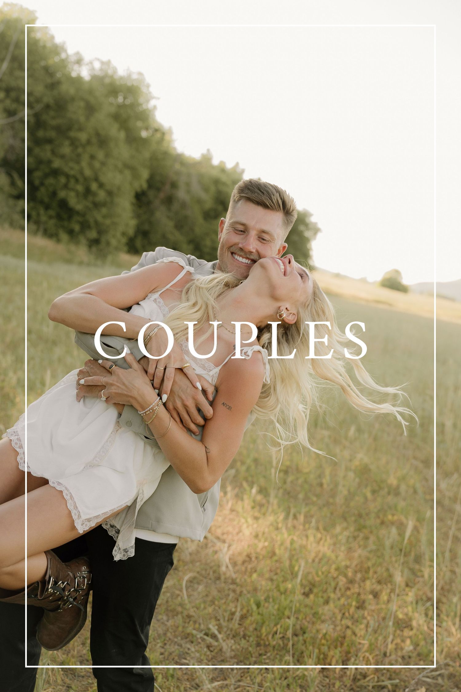 Couple sitting together on beach at sunset with white text overlay reading 'COUPLES'.