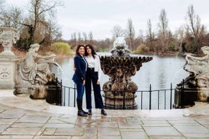 Mum and daughter in a park setting on a cold autumn day. Mum is wearing Ralph Lauren and looks stunning.