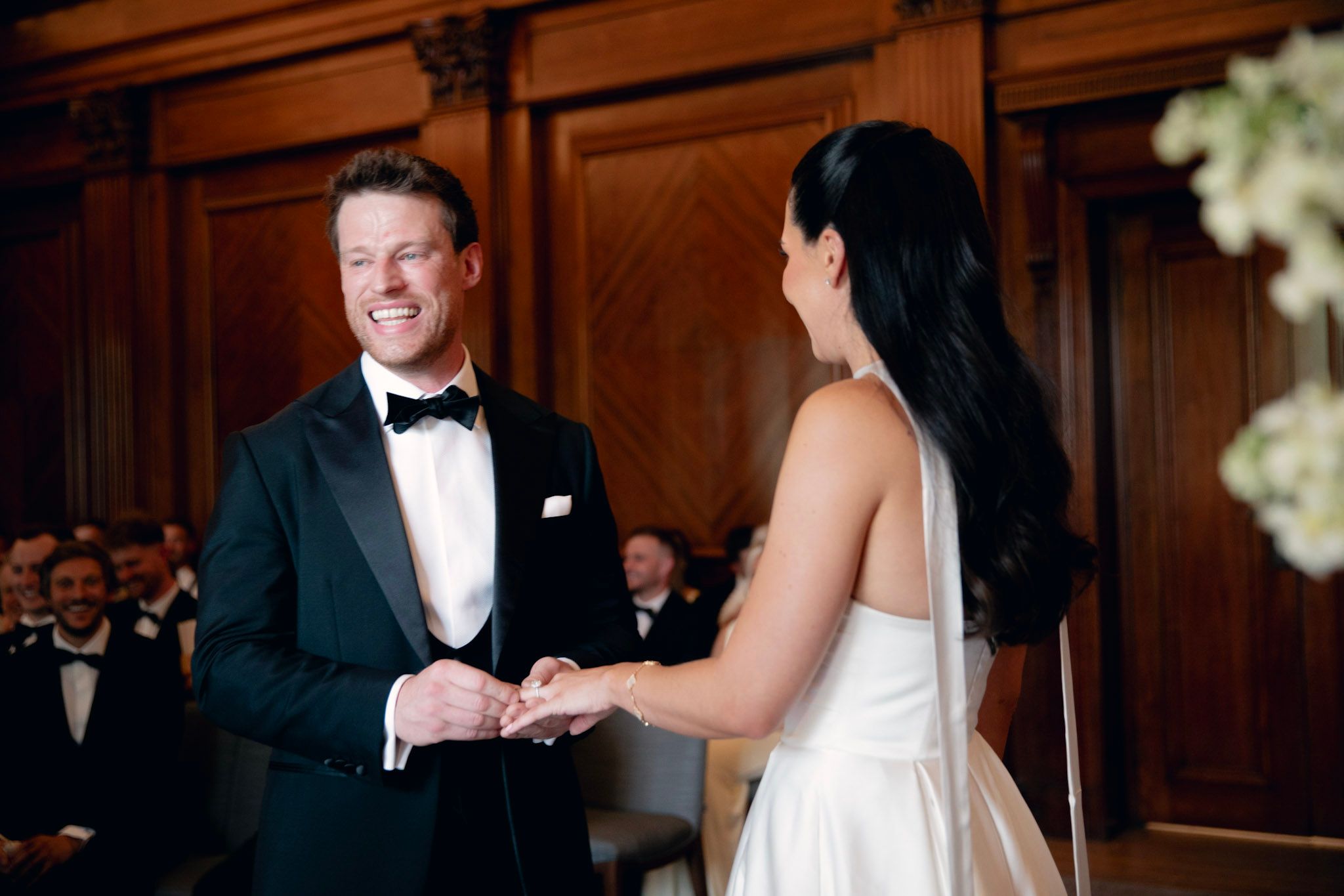 Old Marylebone town hall London Romantic classic civil wedding in wood-paneled ballroom.