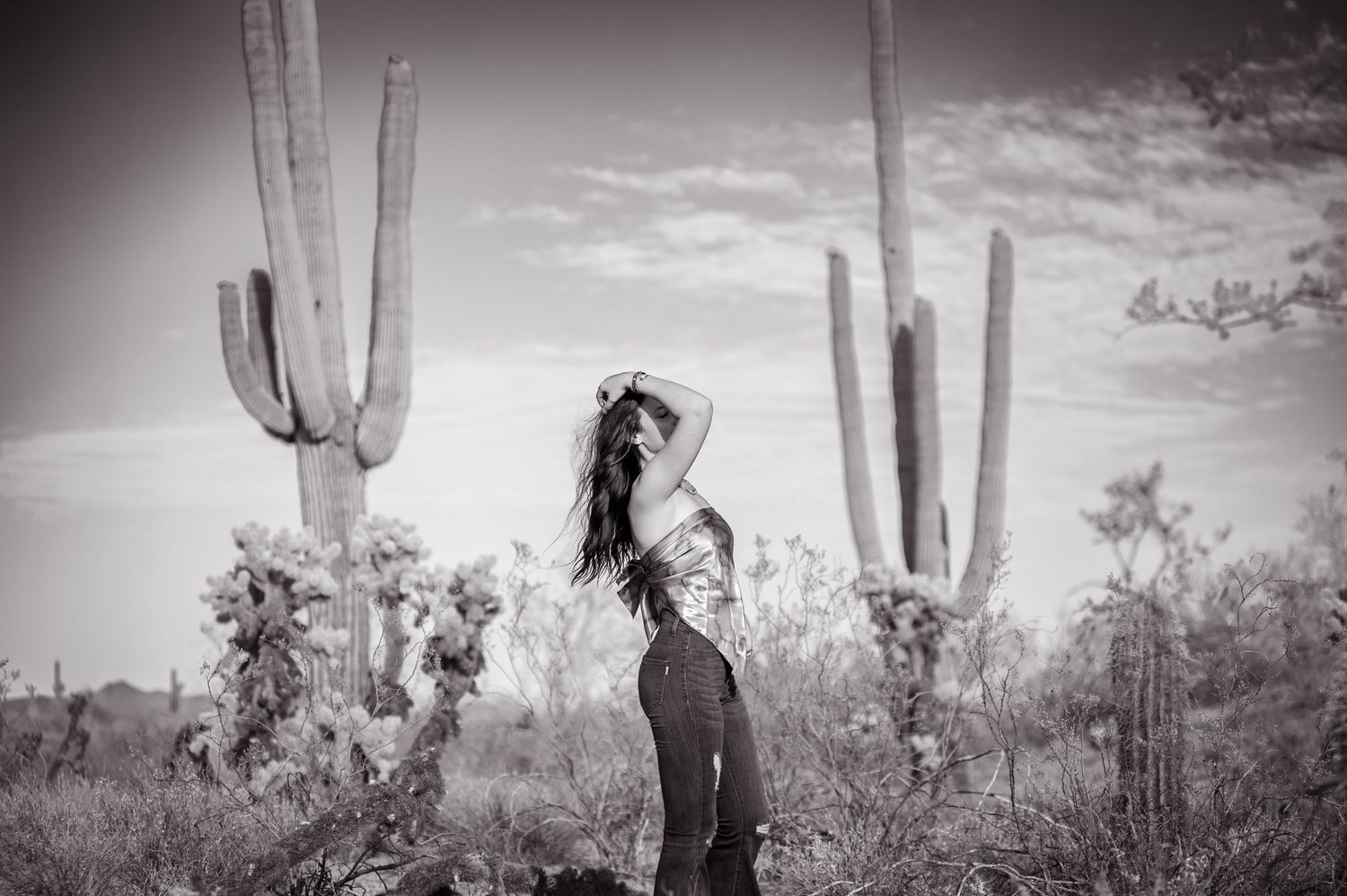 Black and white desert photograph with a saguaro cactus silhouette in an artistic composition.