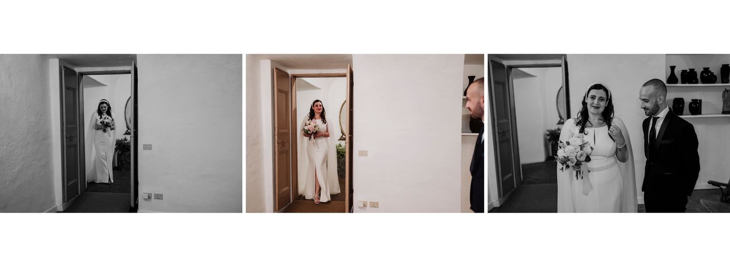 Black and white triptych of bride getting ready and walking down aisle with her father.