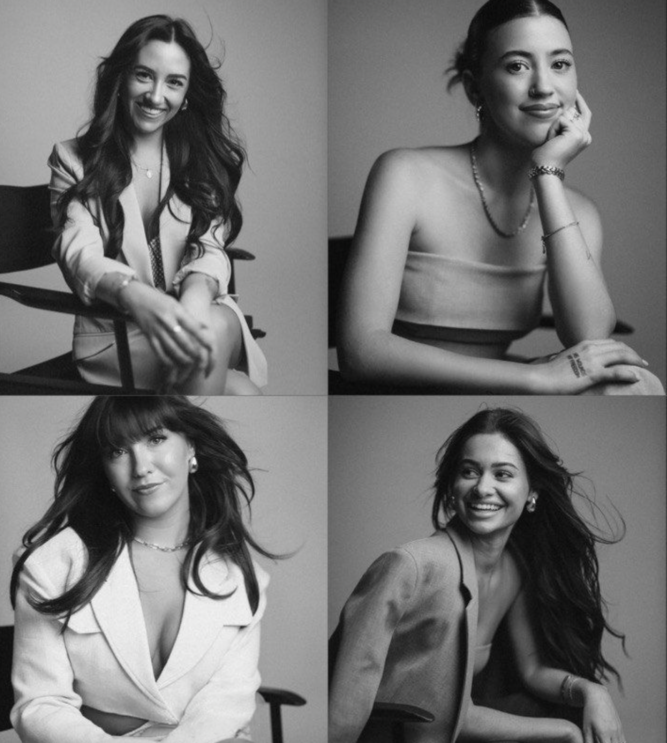 A black and white collage of four artistic portrait poses in studio lighting.
