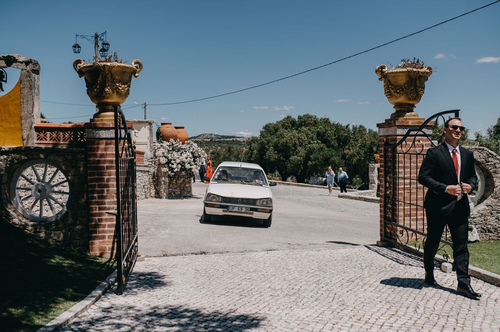 Ornate entrance gates with brick pillars and decorative urns.
