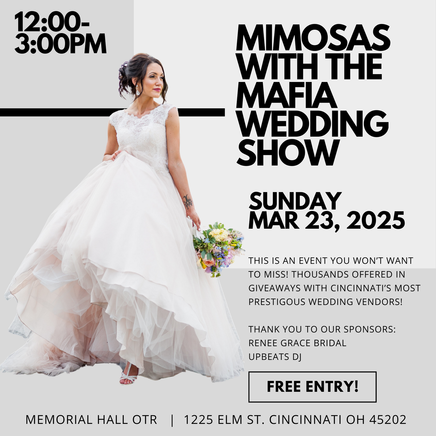 Elegant white wedding gown with flowing ruffled skirt displayed at Mimosas with the Mafia wedding show promotional event poster.