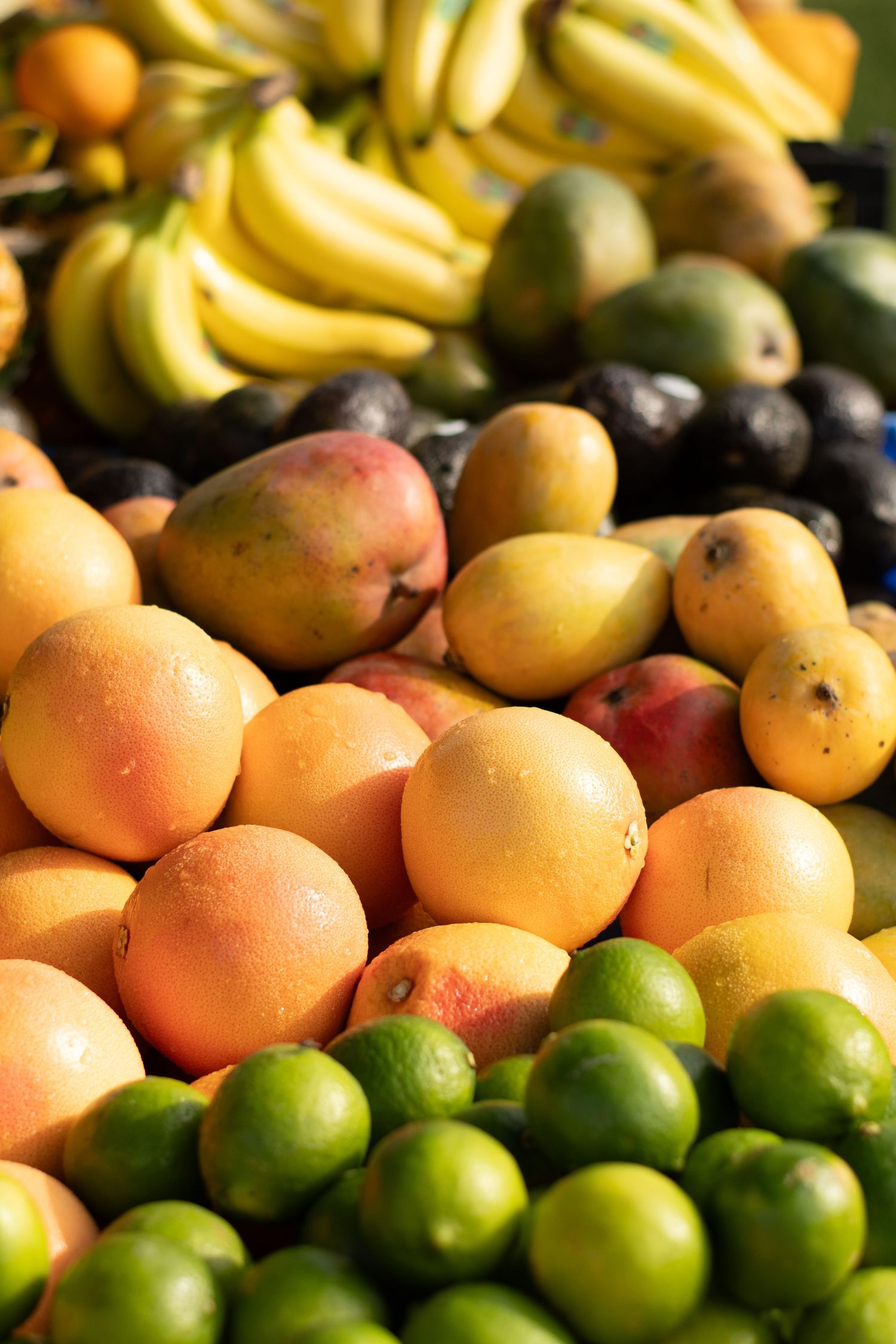 Fresh colorful fruits including bananas, oranges, mangoes and limes in market display.