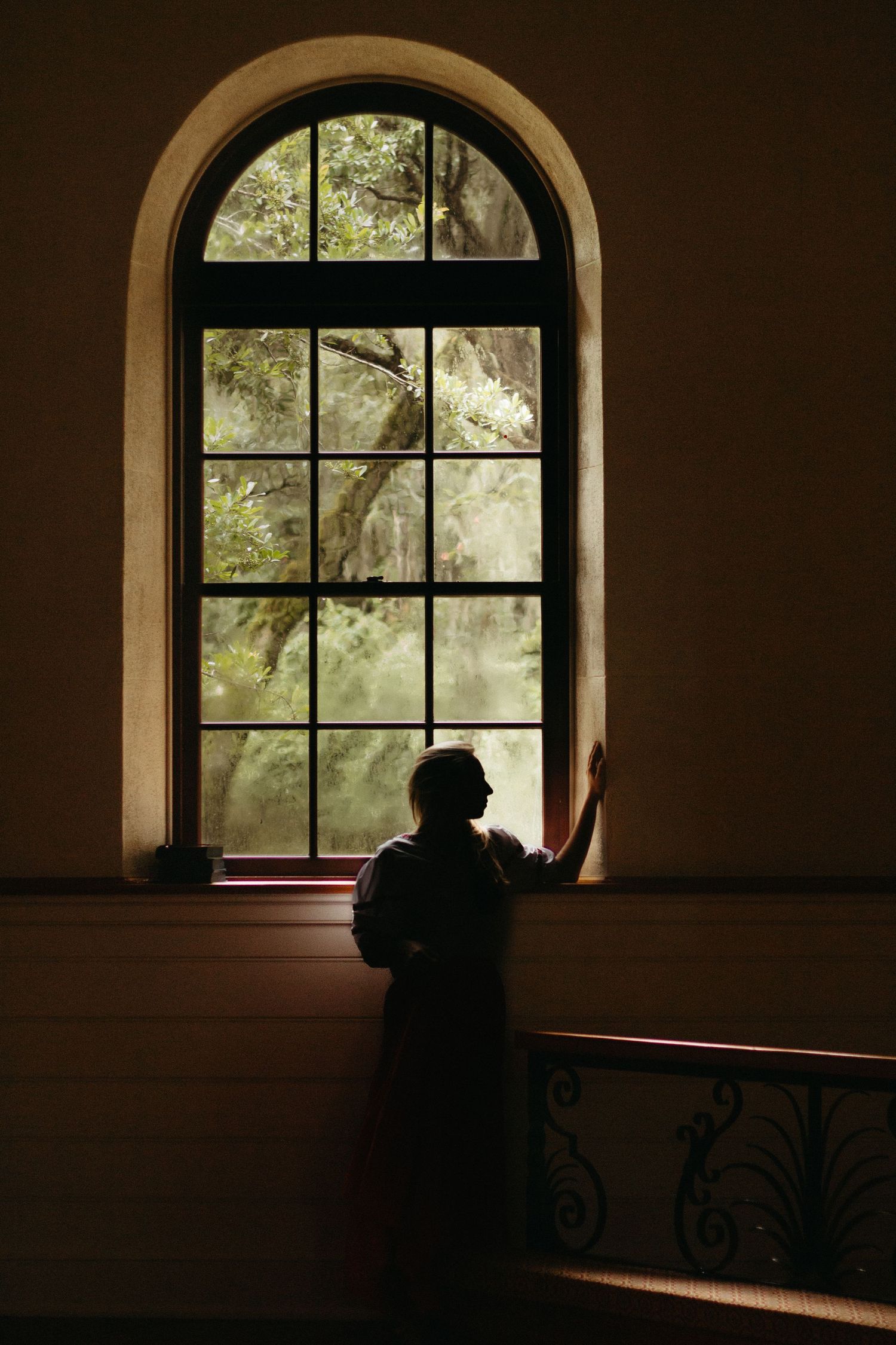A silhouetted figure stands by an arched window in a dark room, with sunlit trees visible through the glass panes.
