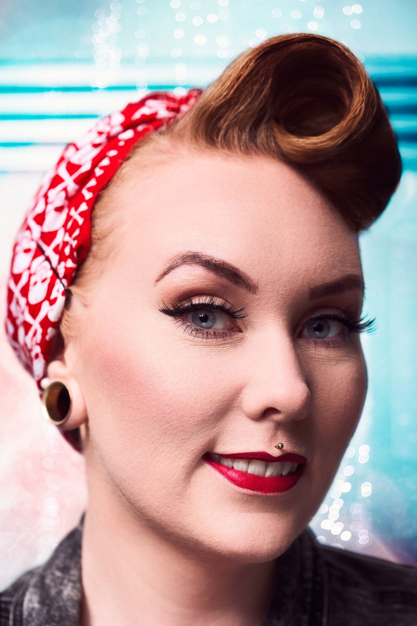 A series of retro-style beauty shots featuring pinup-inspired styling with a red and white polka dot headscarf.