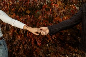 Close-up of two hands touching against a backdrop of autumn leaves.