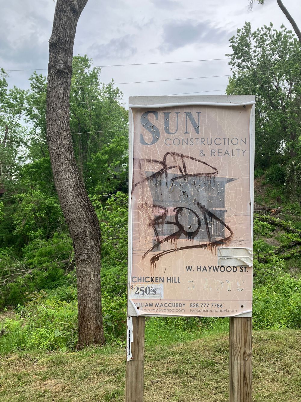 A vandalized real estate sign for Sun Properties stands in front of green foliage with black spray paint markings.