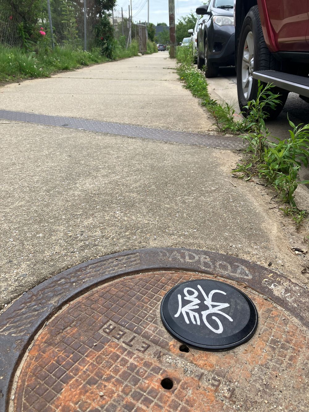 A manhole cover with graffiti art on a concrete sidewalk next to parked cars and grass.