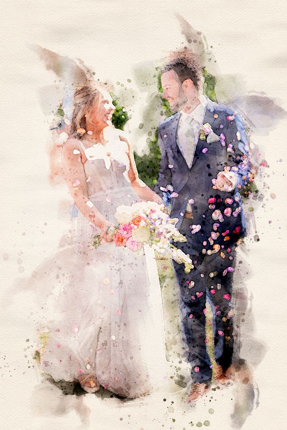 Watercolor portrait of bride and groom walking up aisle laughing