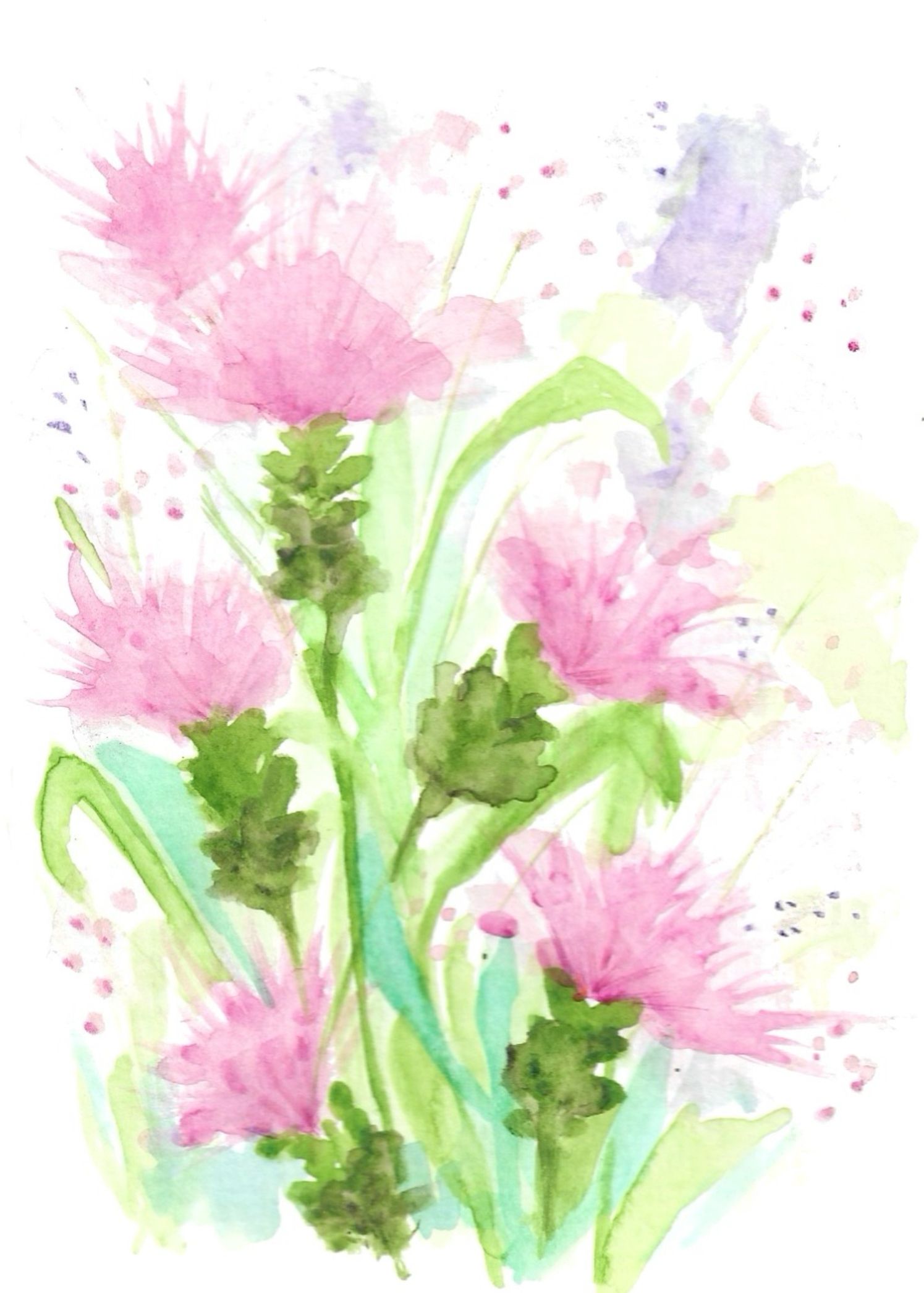 Delicate watercolor painting of pink thistle flowers with green stems and leaves.