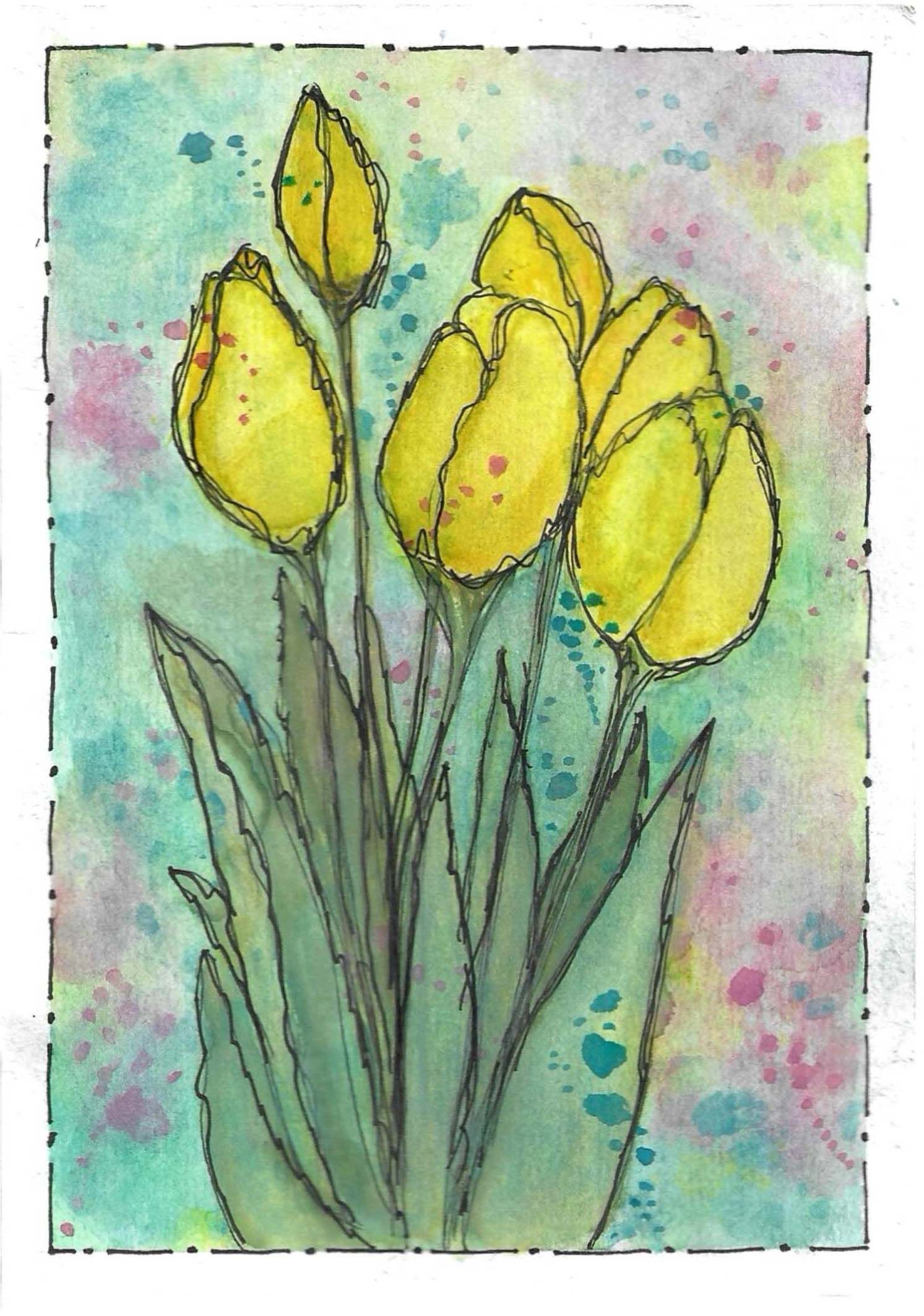 Watercolor sketch of yellow tulips with green stems against a pastel background with colorful splatters.