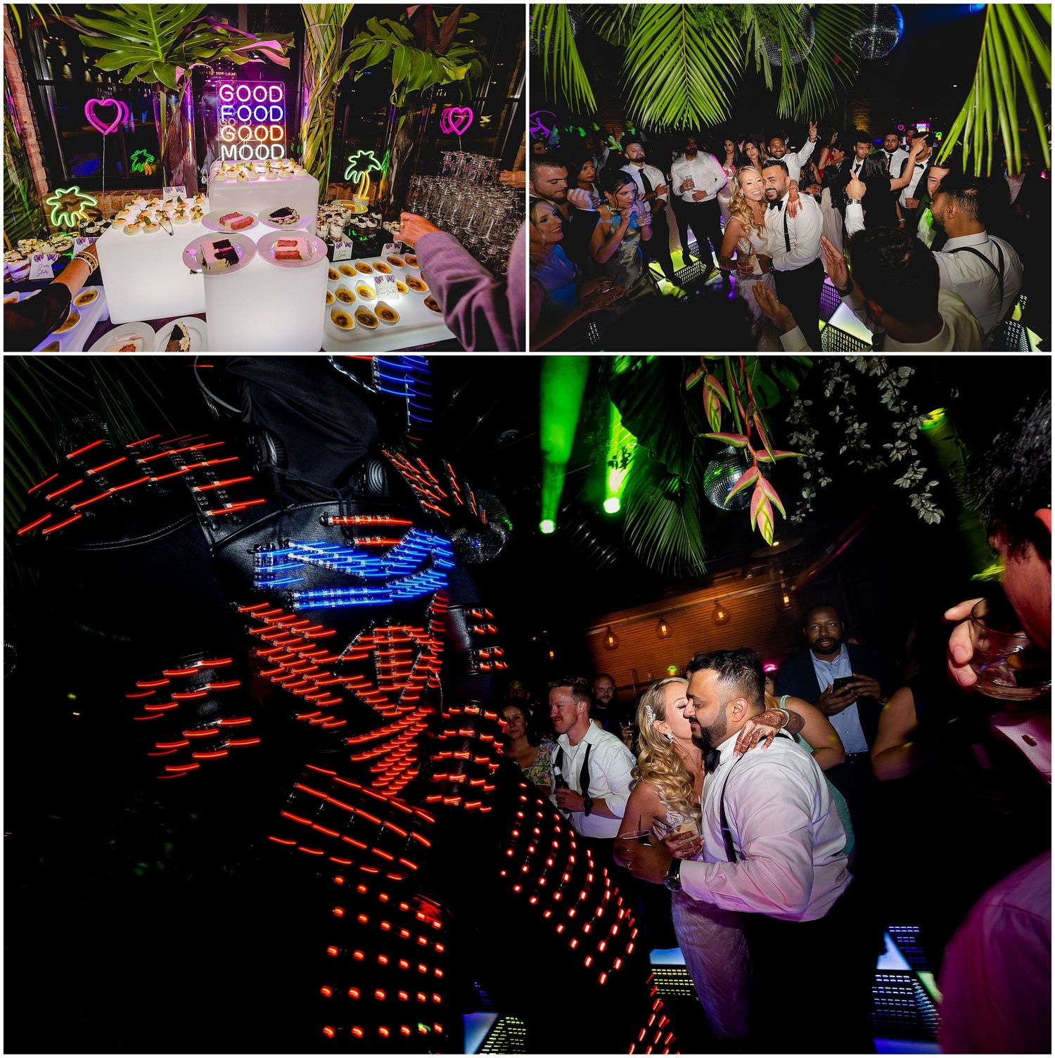 Wedding celebration collage showing dessert table, dancing guests and LED light performers.