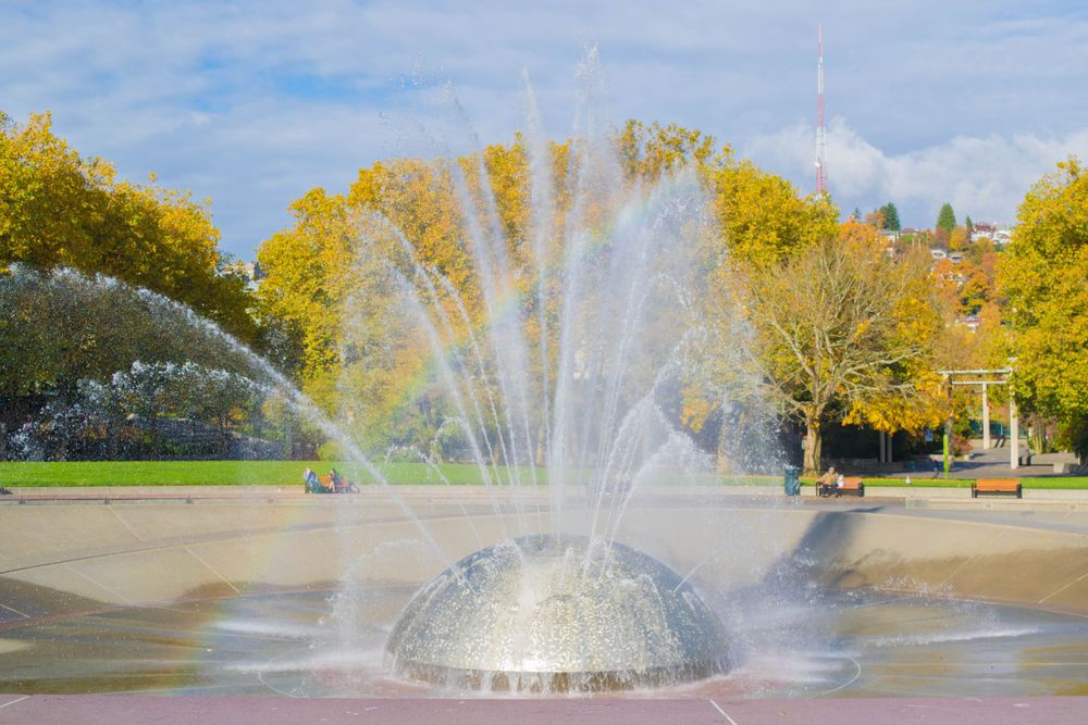 Colorful fountain spraying water jets in a park with fall foliage in the background.