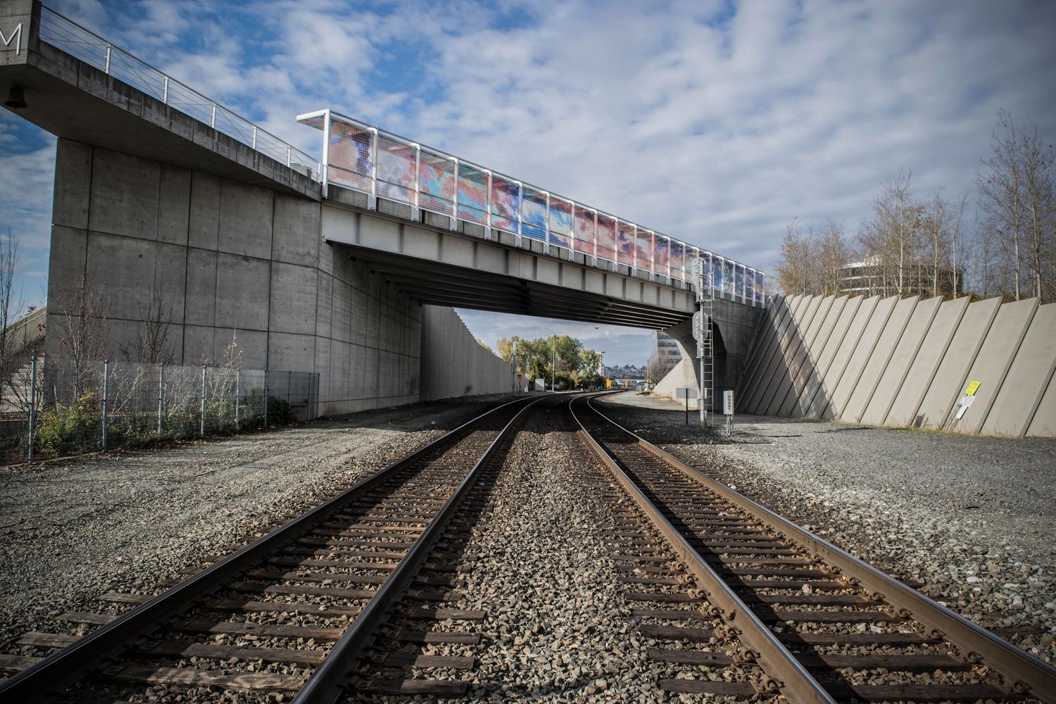 Railroad tracks leading under concrete bridge with cloudy sky overhead.