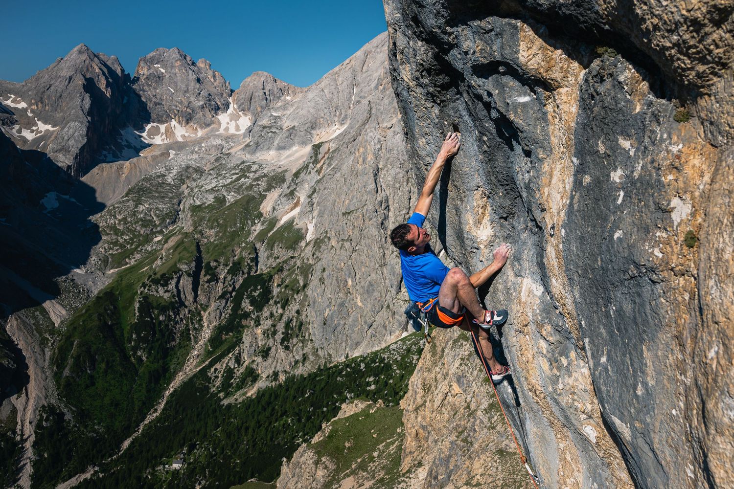Adam Ondra climbing Egoland on Marmolada South Face in Dolomites, Italy. Photo: Jan Virt.