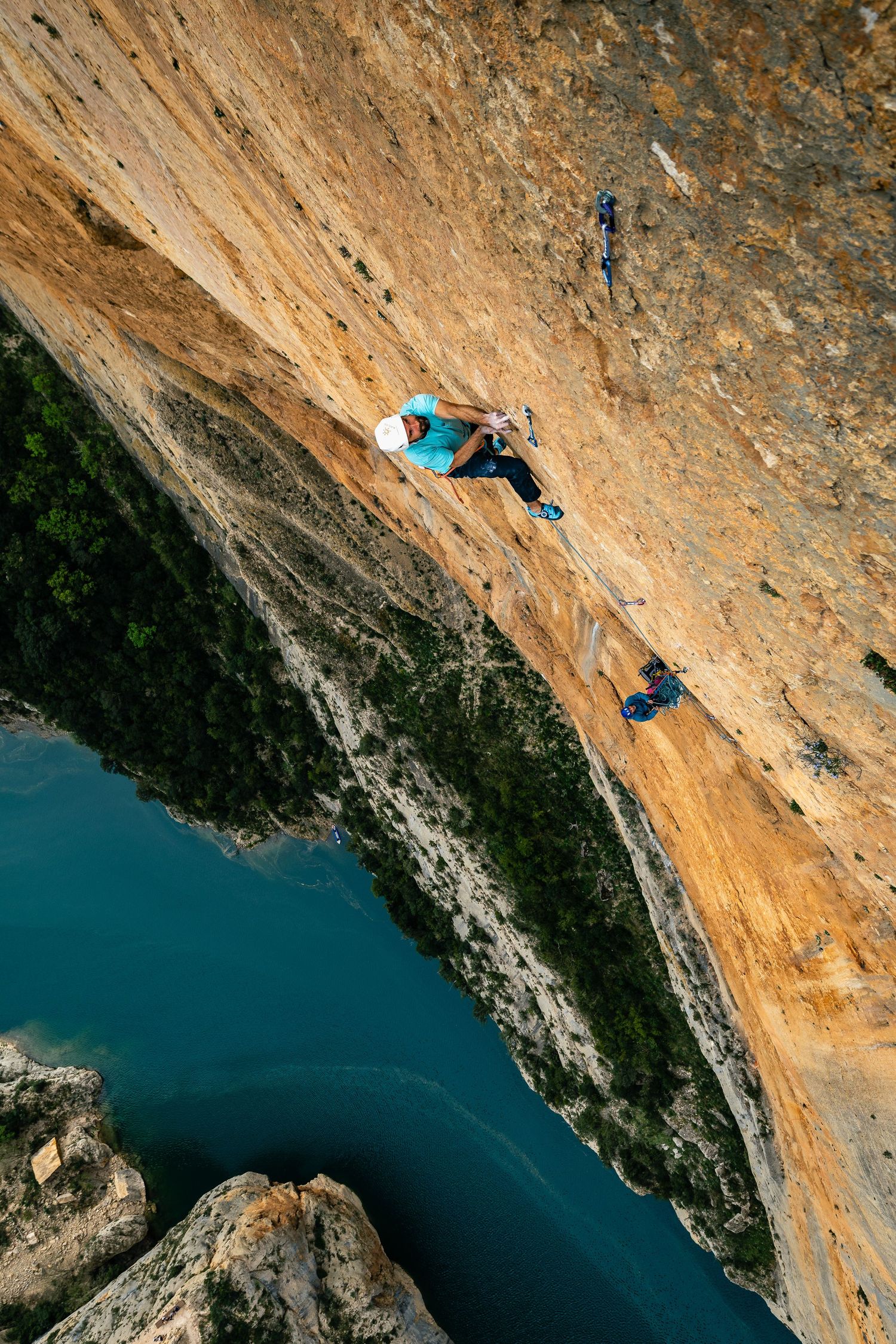 Chris Sharma climbing his multi-pitch route in the Mont-Rebei gorge, Spain. Climbing photography and film by Jan Virt.