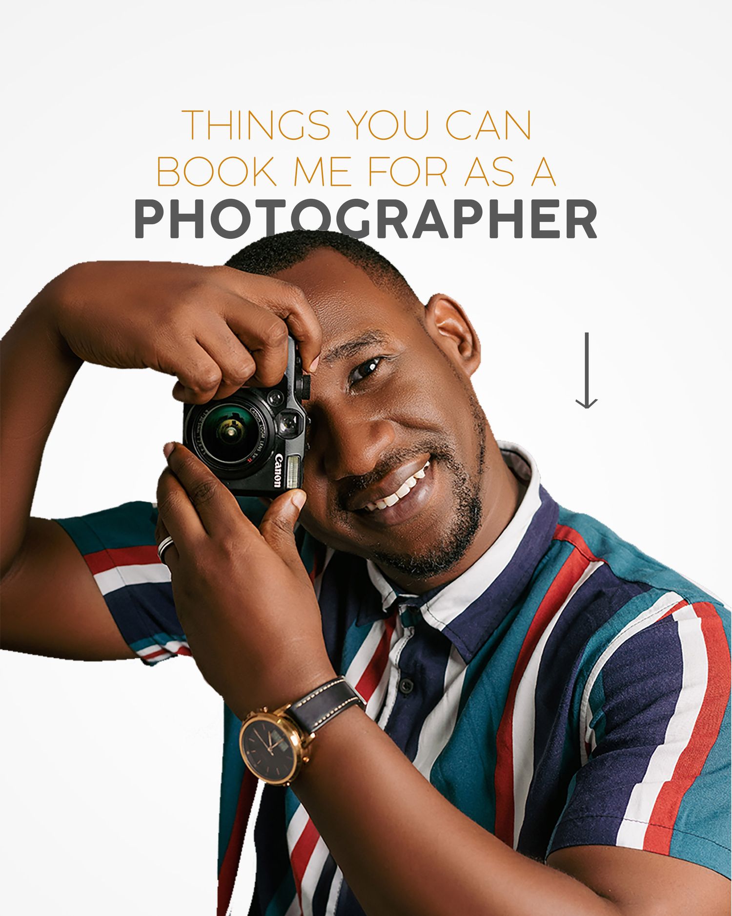 A professional photographer wearing a striped shirt holding a camera against a white background.