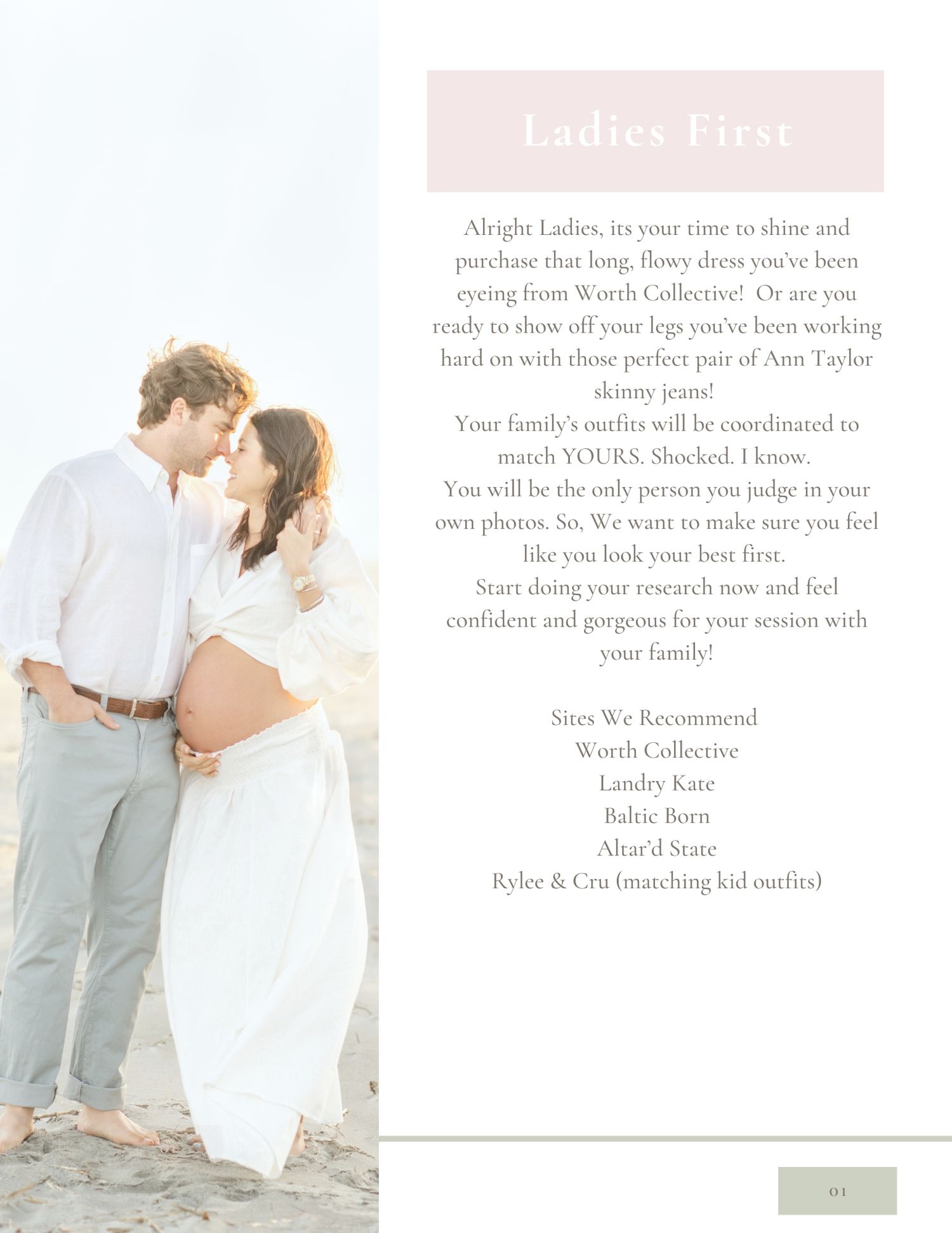 A style guide page titled Ladies First with a pregnant couple posing on a beach at sunset.