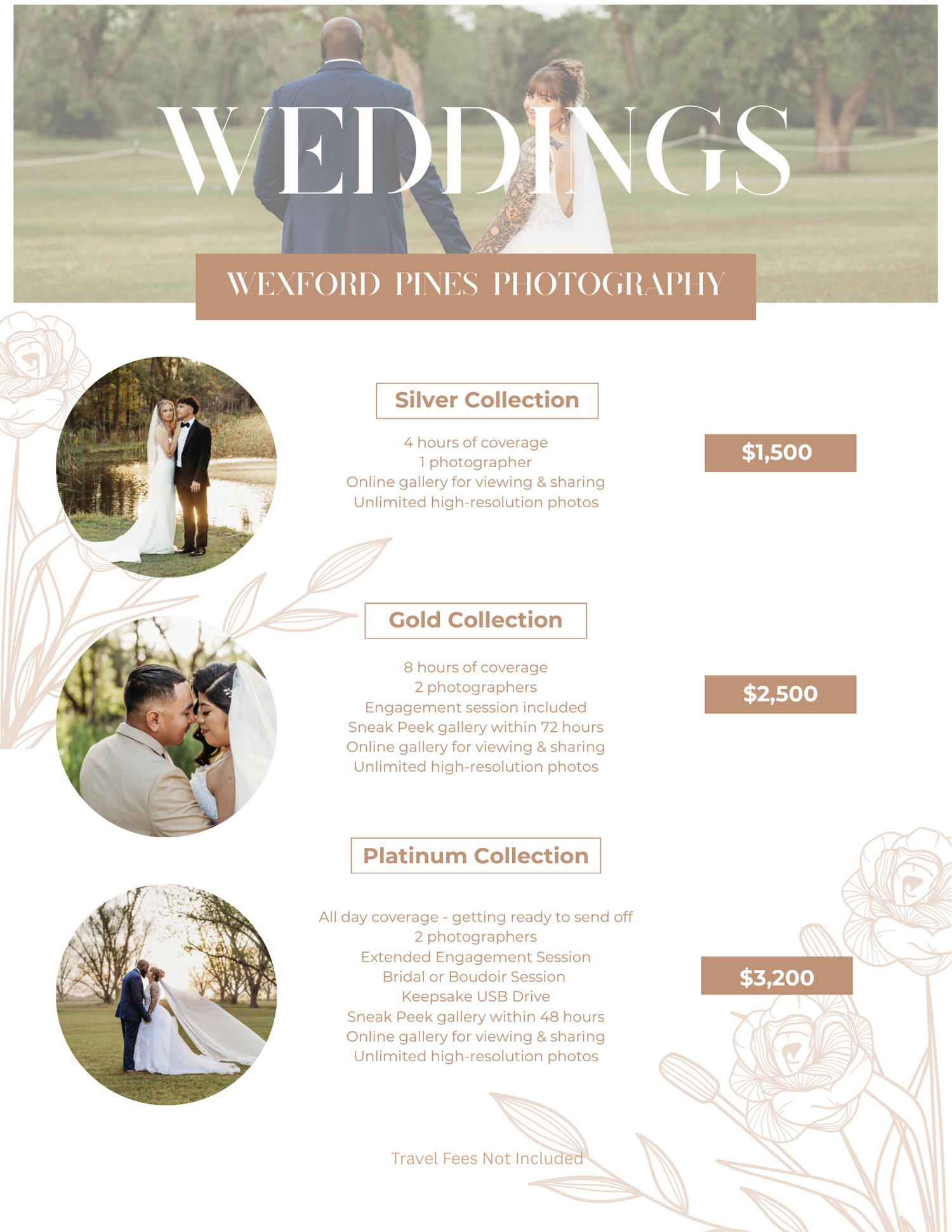 Wedding photography pricing guide showing different packages and collection options.