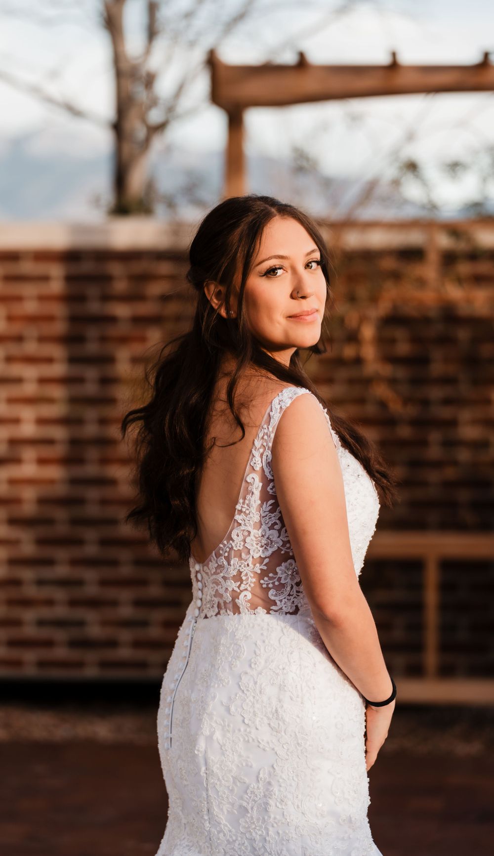 Side view of a lace wedding dress with detailed back design against brick wall.