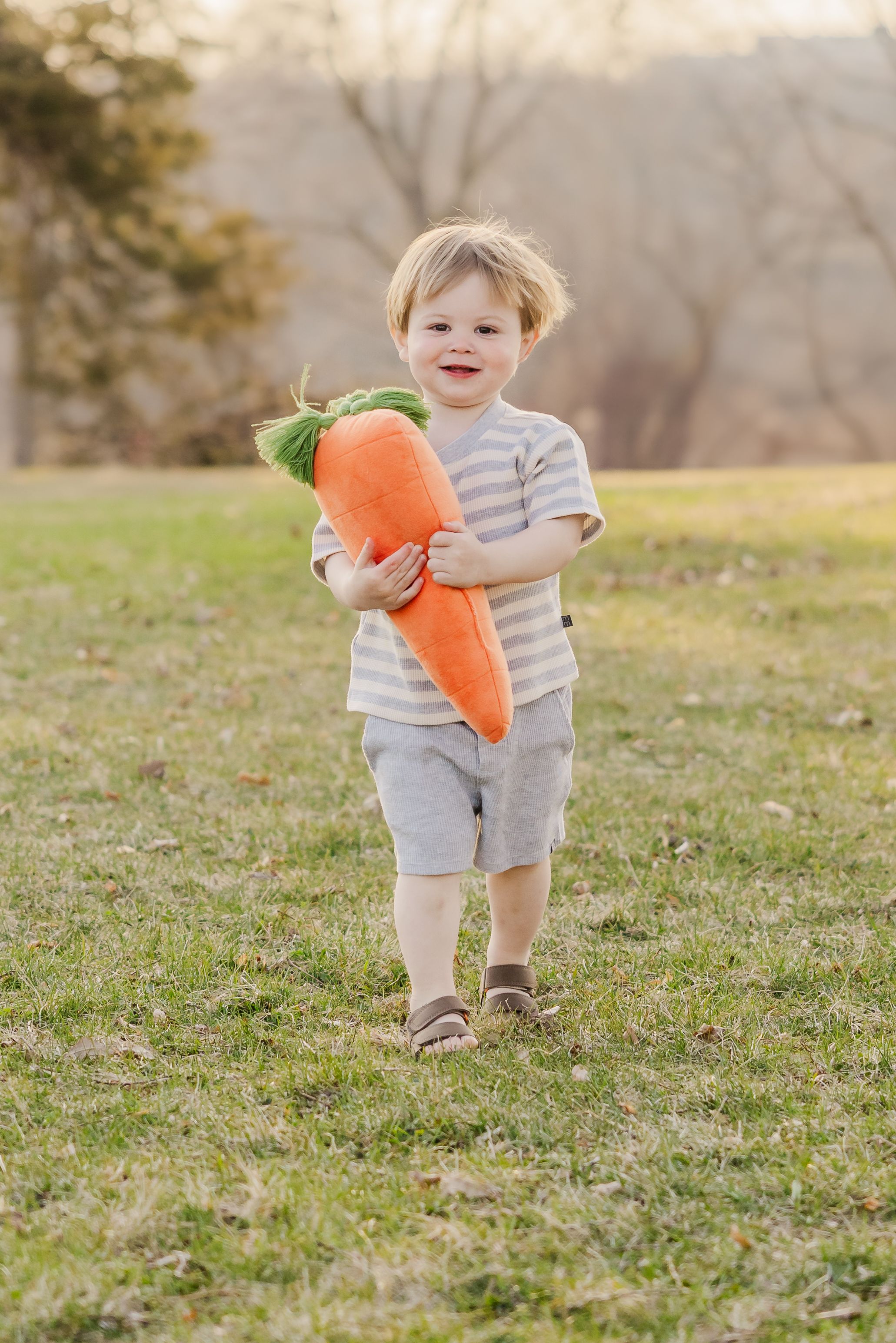 Young child in striped shirt holds large plush carrot toy while walking on grassy hill during golden hour.